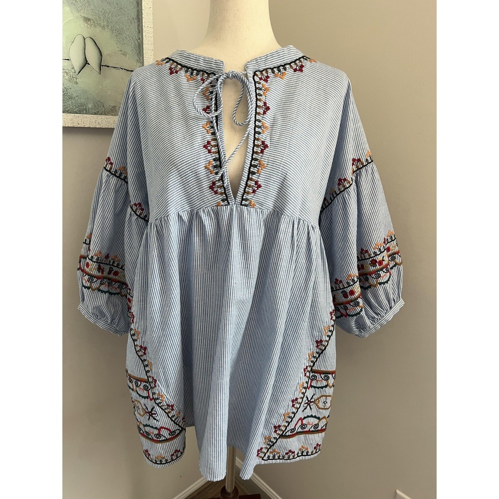 Embroidered Tunic Top M Blue White Stripe Boho Folk Balloon Sleeve Babydoll